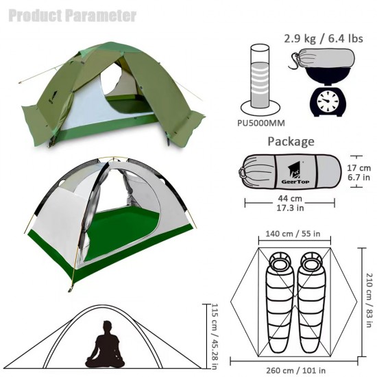 2-Person4-Season Toproad 2 Plus Tent Camping tent Portable Hiking Outdoor Green